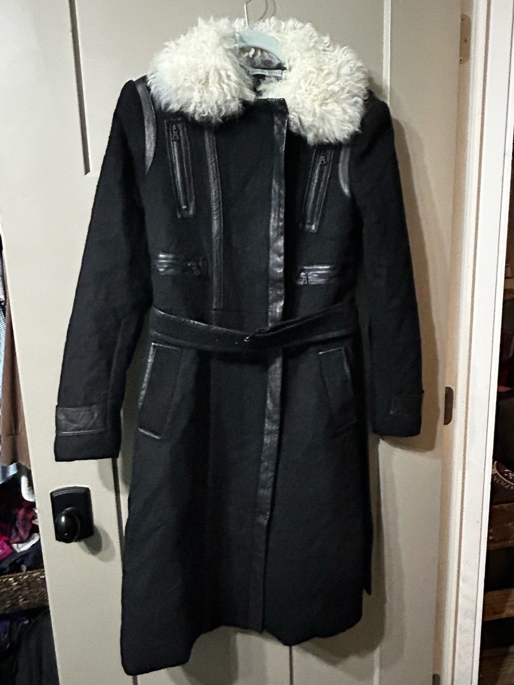 Alice + Olivia Saul Shearling-Collared Wool Blend Trench Coat black cream